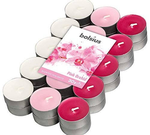 Bolsius 30 Tealights +/-4h, 3 Colori, Fragranza Orchidea