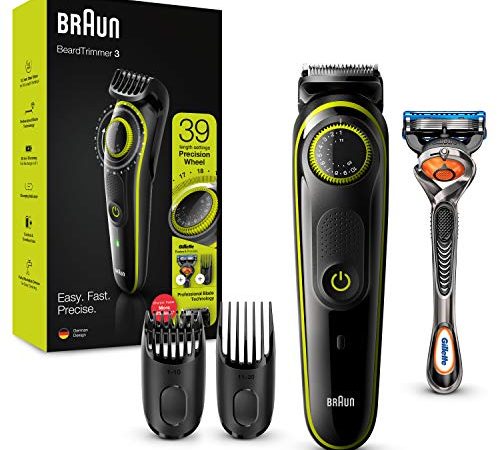 Braun Regolabarba Uomo, Rifinitore E Tagliacapelli Con Lame Affilate Di Lunga Durata E 39 Impostazioni Di Lunghezza. Confezione Con 85% Di Plastica In Meno, BT3241 Nero/Verde Elettrico