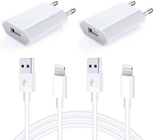 Caricatore iPhone USB Apple MFi Certificato [2-Pack 1M] Caricabatterie 5W e Cavo iPhone Lightning USB 5V 1A Alimentatore Spina del Muro per iPhone 7 8 Plus X XS Max XR SE 11 12 13 Pro Max iPad iPod
