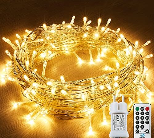 Catena Luminosa Esterno, 12M/ 120 LED, Luci di Natale con 8 Modalità, Impermeabile IP44 + IP67, Luci Albero di Natale Decorative, Feste, Matrimoni, Camera, Decorazioni, Terrazza（Bianco Caldo）