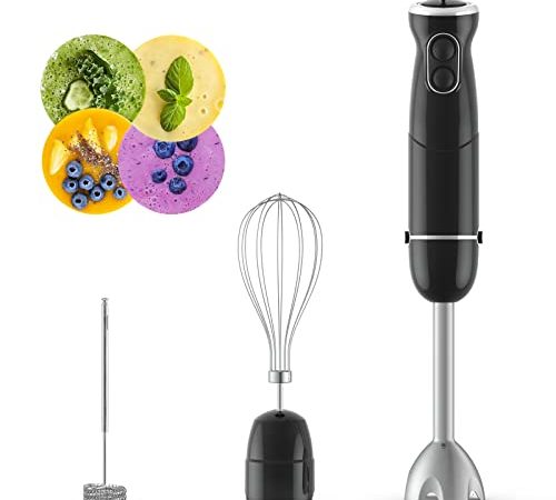 Frullatore a Immersione 3-in-1, Mixer a Immersione 600W con 6 Velocità Regolabili, Funzione Turbo, Minipimer in Acciaio Inox Frusta Elettrica  e Montalatte per Frullati, Zuppe, Salse