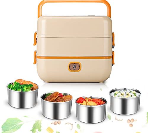 Hommdiy Scaldavivande Elettrico Portatile 2L, Portavivande Elettrico Termico 220V 200W in Acciaio Inox 304, Portapranzo Portatile per Ufficio, Lunch Box Termo con Forchetta e Cucchiaio, Giallo Crema