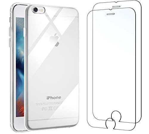 NEW'C Cover per iPhone 6 Plus e iPhone 6s Plus (5.5) Gel TPU in silicone custodia ultra trasparente e 2 × vetro temperato per iPhone 6 Plus e iPhone 6s Plus (5.5"), Pellicola proteggi schermo"