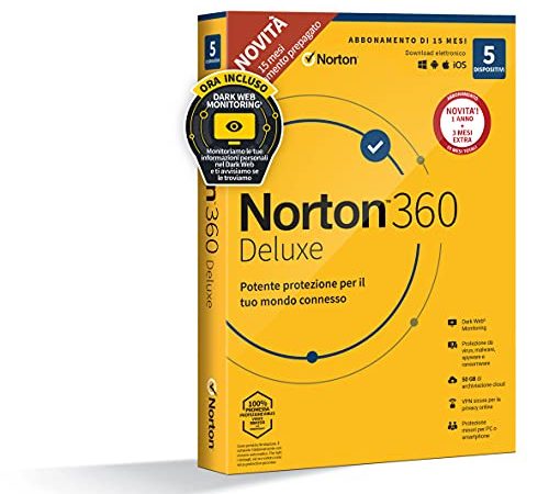 Norton 360 Deluxe 2022 |Antivirus per 5 Dispositivi | Licenza di 15 mesi| Secure VPN e Password Manager | PC, Mac, tablet e smartphone