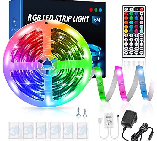 Striscia LED 6M, LED Striscia Musica RGB 5050, Nastro LED RGB Light Strip Controllo Remoto di 44 Tasti 20 Colori 8 Modalità, 12V Luce LED per Camera Da Letto, Casa, Cucina, Bar, Feste, TV