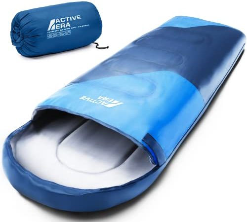 Active Era Premium Sacco a Pelo 4 Stagioni Rettangolare per Adulti e Bambini - Sacco a Pelo Leggero e Impermeabile. Perfetto per campeggi e Viaggi, con Sacco a Compressione - Blu
