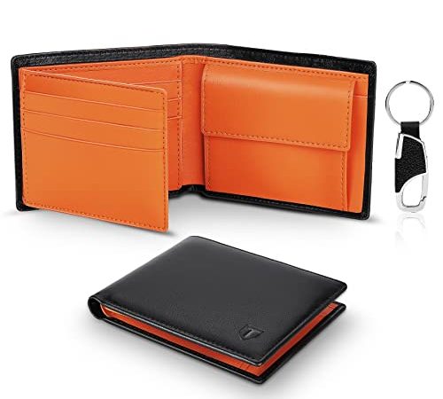 TEEHON® Portafoglio Uomo Slim Vera Pelle Blocco RFID, con Tasca Portamonete,2 Scomparti Banconote,10 Porta Carte di Credito, Portachiavi. Portafogli Piccolo Sottile Confezione Regalo-nero e arancione…
