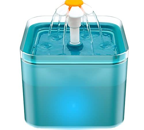 AONBOY Fontanella per Gatti，Fontana per Gatti Silenziosa, Fontanella per Cani, Fontanella Gatti con Luci A LED, 2 Litri, con Filtro A Carboni Attivi E Pompa dell'Acqua