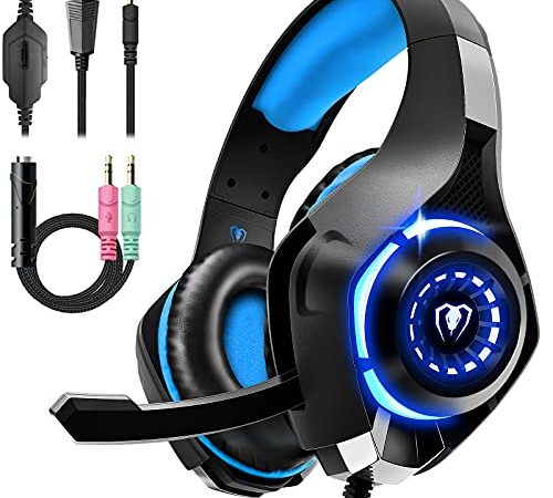Cuffie Gaming per PS4 PS5 PC Xbox One Mac, Cuffie Con Microfono Stereo Bass Deep, Con 3.5mm Jack, Controllo del Volume, Blu