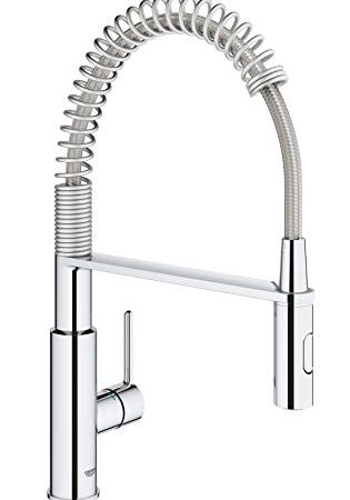 GROHE Rubinetto da cucina, linea GET | doccetta professionale | bocca girevole a molla | Installazione veloce | Miscelatore lavello cromato 30361000