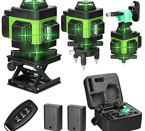 Livello laser, KKnoon 4 X 360 ° croce verde Laser Self Leveling, 4D 16 linee orizzontale e verticale livello laser con base rotante, telecomando, 2 * batterie 2400mAh