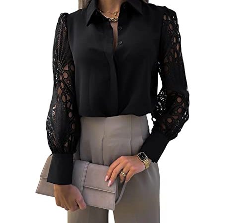 Loalirando Camicia Donna con Manica Lunga in Pizzo Blusa Elegante con Scollo a V Sexy Camicetta da Ufficio Tinta Unita Casual (Nero, XL)