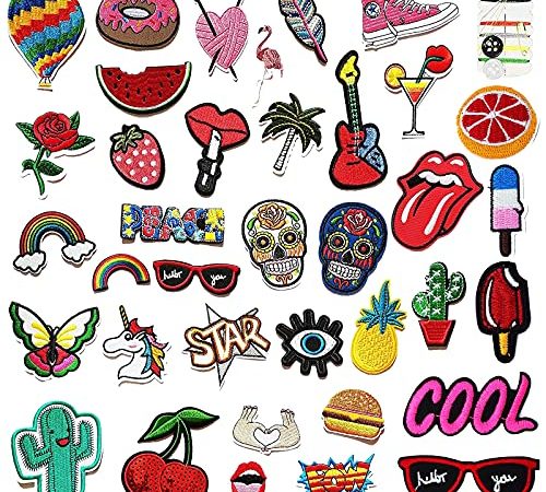 VEGCOO 37 Pezzi Toppe per Vestiti, Toppe Termoadesive per Bambini Adulti, Toppa Ricamata Rose Fiore per Giubbotti, Jeans, Camicie, Maglioni, Maglietta