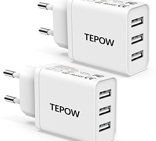 Caricatore USB Multiplo, Presa USB Multipla 2 Pezzi 15W/3A, Tepow Spina USB Alimentatore USB Caricabatterie USB Caricatore USB da Muro per Apple iPhone 14/13/12,Samsung Galaxy S22 S21,Huawei,Xiaomi