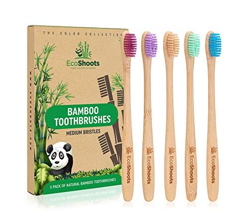EcoShoots Spazzolini da denti in Bamboo Setole Medie | Confezione Famiglia 5 spazzolini in Bamboo Naturale | Spazzolino da denti di legno Ecologico|Manico Biodegradabile Organico|Spazzolini senza BPA