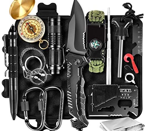 Kit sopravvivenza 14 in 1 campeggio Accessori di emergenza, regali per uomini, papà, strumenti di sopravvivenza professionali, regali di compleanno di Natale, idee per il campeggio, pesca, caccia