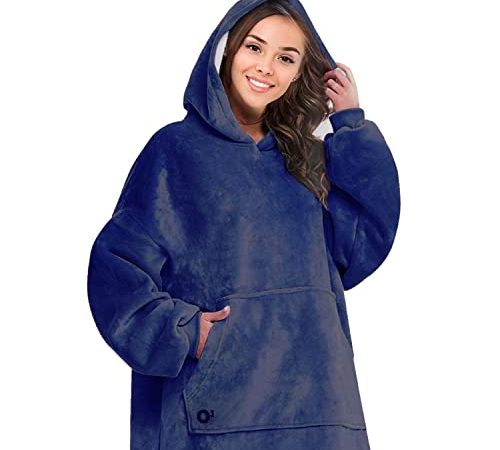 O³ Coperta con cappuccio, plaid con maniche, Coperta indossabile in pile, Felpa oversize donna, Blanket hoodie - Confortevole e morbido - Perfetto per le notti invernali sul divano (blu)