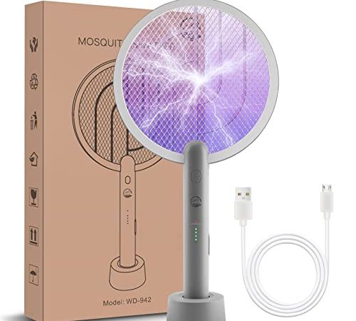 Racchetta Zanzare Elettrica, Mosiller 2 in 1 Scacciamosche Elettrico E 3000V Scacciamosche Da con USB Base Di Ricarica, Insetti Scacciamosche Portatile e Lampada UV per Casa, Cucina, Interni E Esterni