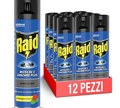Raid Mosche e Zanzare Spray Insetticida, Antizanzare e Antimosche, Azione Rapida, Confezione da 12 pezzi (12 x 400ml)