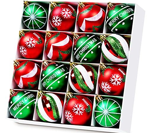 16 palline di Natale decorative, classiche, colore verde, rosso, bianco, vintage, dipinte a mano, per albero di Natale, infrangibili, decorazioni natalizie, feste, 60 mm