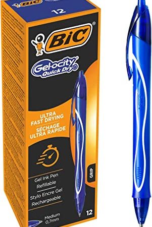 BIC Penne Blu Gel, Gel-ocity Quick Dry, Fornitura per Cancelleria Scuola e Ufficio, Punta Media (0.7mm), Confezione da 12 Unità