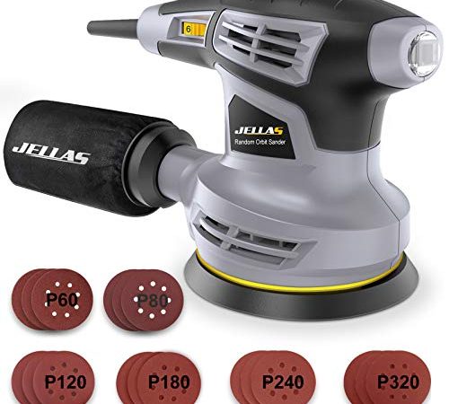 Levigatrice Orbitale 13000 RPM - Jellas Levigatrici Rotorbitale con Motore in Rame e 6 Velocità Variabile, Carta Abrasiva da 18 Pezzi Inclusa, Cavo di Alimentazione 3M, OS280-SD