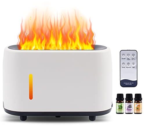 NAJILI Diffusore di Aromi con 7 Effetto Fiamma, Umidificatore a Fiamma 240ML Diffusore per Oli Essenziali, con Telecomando 3 Oli Essenziali, Spegnimento Automatico, per Yoga Spa Casa Ufficio(Bianca)