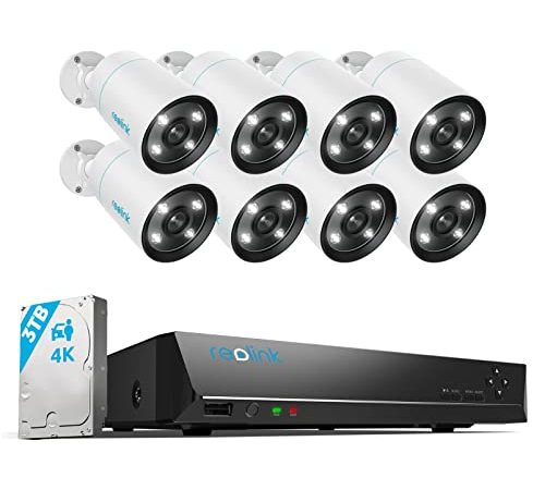 Reolink 4K Kit Videosorveglianza PoE, 8X 8MP Telecamera Esterno con Rilevamento di Persone/Veicoli, Visione Notturna a Colori, Audio Bidirezionale, 16CH 3TB NVR per Registrazione 24/7, RLK16-812B8-A