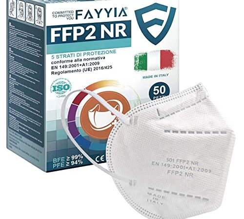 50 Pezzi Mascherine FFP2 Bianche MADE IN ITALY Certificate CE0465 Ente Italiano, FFP2 a 5 strati Imbustate Singolarmente Respiratoria BFE ≥99%