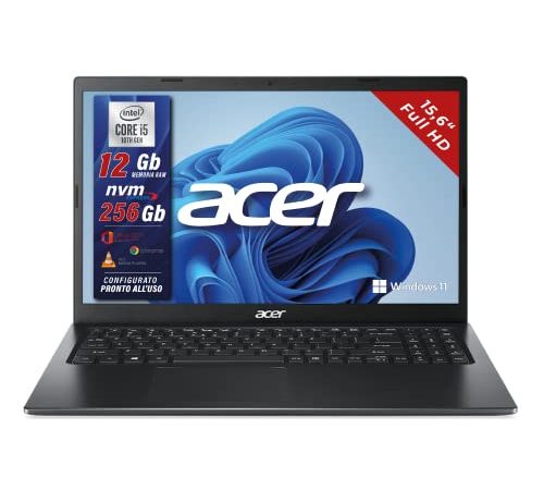 Acer, Pc portatile notebook, Intel 4 Core i5 10Th fino a 3,6 Ghz, Ram 12GB, SSD 256GB, Display 15,6" Full HD, Win 11 Pro, Pacchetto Office 2021, computer portatile pronto all'uso, Garanzia Italia