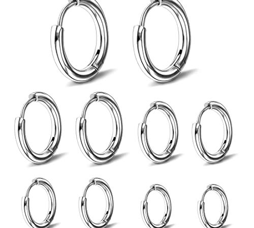 Androxeda 5 paia di orecchini a cerchio per uomini e donne, leggeri, acciaio inossidabile, cartilagine, cerchio, ipoallergenico 8-16 mm(argento)
