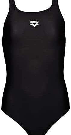 ARENA Dynamo Junior, Costume Intero Da Bagno Sportivo In Tessuto MaxFit Resistente Al Cloro E Sale Con Protez Bambine Ragazze, (Black), 14-15