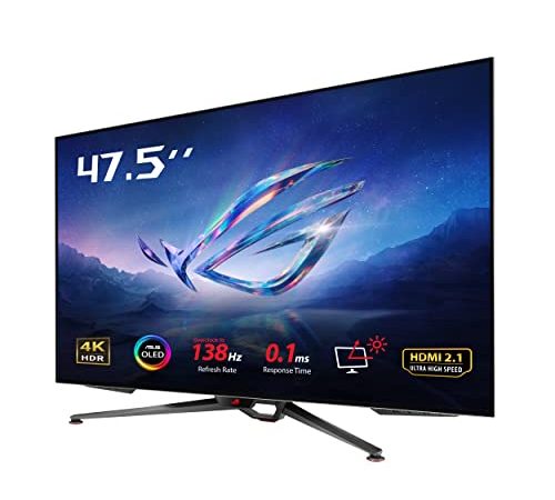 ASUS ROG Swift PG48UQ, Monitor Gaming 47.5”, OLED, 4K (3840x2160), fino a 138Hz, Tempo Di Risposta 0.1ms, G-SYNC, Rivestimento Antiriflesso, Dissipatore di Calore Custom, True 10-bit, 98% DCI-P3, Nero