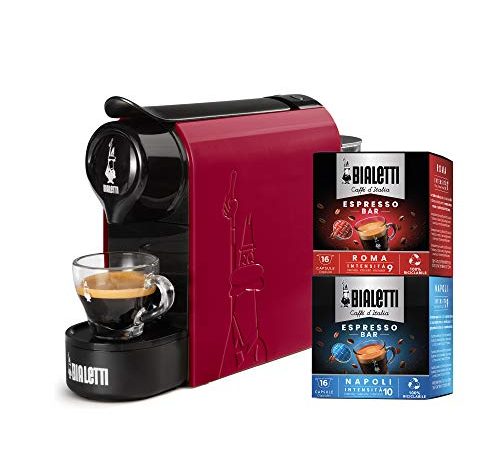Bialetti Gioia, Macchina Caffè Espresso per Capsule in Alluminio, Incluse 32 Capsule, Supercompatta, Serbatoio 500 ml, 1200W, Rosso