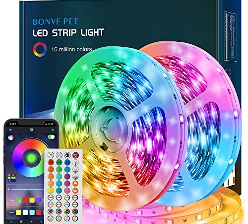 Bonve Pet Striscia Led, Luci Led camera da letto 10 Metri, Led Striscia con 40 Tasti Telecomando Controller Bluetooth, Led rgb SMD 5050 Funzione Musicale, Strisce led per Decorazioni Cucina Bar Festa