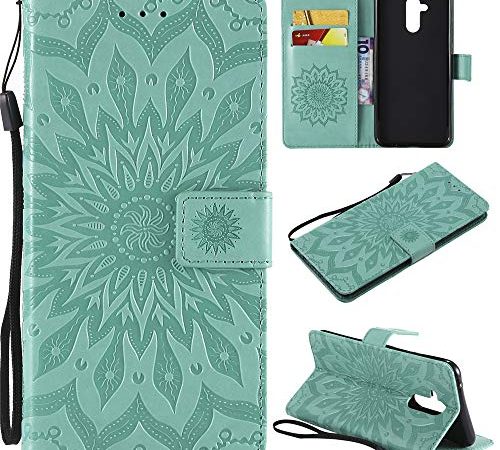 CHcase Cover per Huawei Mate 20 Lite Custodia di Pelle Case Flip Portafoglio Retro Libretto Magnetico Protettiva Non Graffi Funzione Supporto Bumper Fiore Girasole per Huawei Mate 20 Lite - Verde