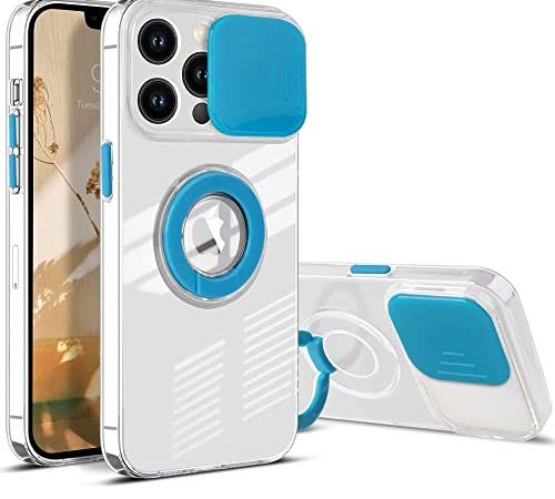 Didan Trasparente Scorrevole Custodia per iPhone 13 PRO Max Cover con Supporto ad Anello Protezione Fotocamera Sottile Morbido Colorato Silicone Case,Blu