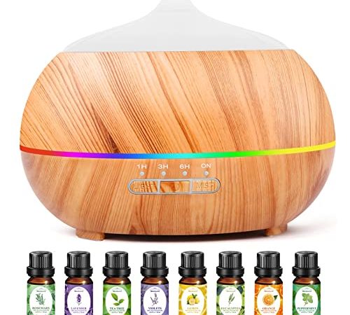 Diffusore di Oli Essenziali Umidificatore Ultrasuoni: 500ML Diffusore di Aromi con 8x10ml Oli Essenziali - Diffusore Ambienti Legno con 7 Colori LED Vaporizzatore Elettrico per Casa Ufficio Spa Yoga