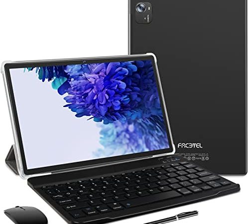 FACETEL Tablet 10 Pollici Android 11 Tablet con Octa-Core 1.6 GHz, 4 GB + 64 GB (TF 128GB) | Batteria 8000mAh | FHD | 5 MP + 8 MP | Bluetooth | Tablet con Tastiera e Penna e Mouse - Nero