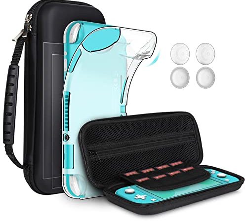 GeeRic 8pcs Custodia Compatibile per Switch Lite, 2pcs Vetro Temperato + Cover + 4 Thumb Grips + Borsa Accessori 8 in 1 Kit Compatibile con Switch Lite Nero