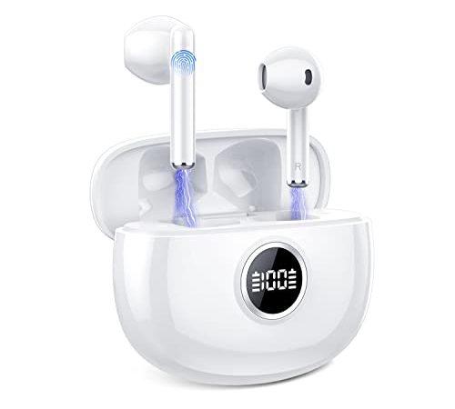 IKG Cuffie Bluetooth Senza Fili, Auricolari Bluetooth 5.3, Cuffie Wireless in-ear Mini Incorporato HD Mic, Bassi Immersivo, 37 Ore di Riproduzione, IPX7 Impermeabile, Display a LED, Sportivi (Bianco)