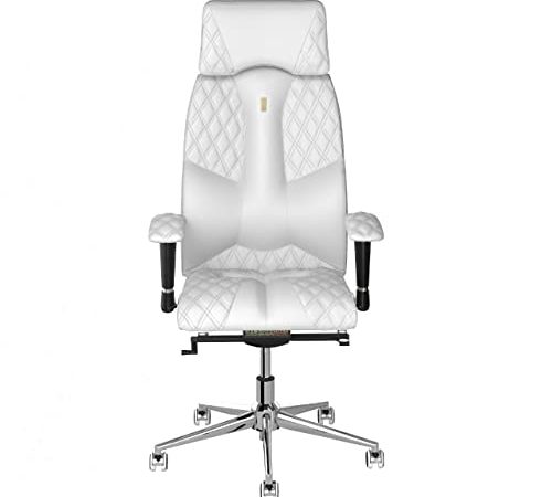 Kulik System Business Sedia da Ufficio Ergonomica Ortopedica Supporto Lombare Schienale Reclinabile, Altezza Poggiatesta Bracciolo Regolabili, Base Cromo con Ruote, Pelle Naturale Cucita Bianco