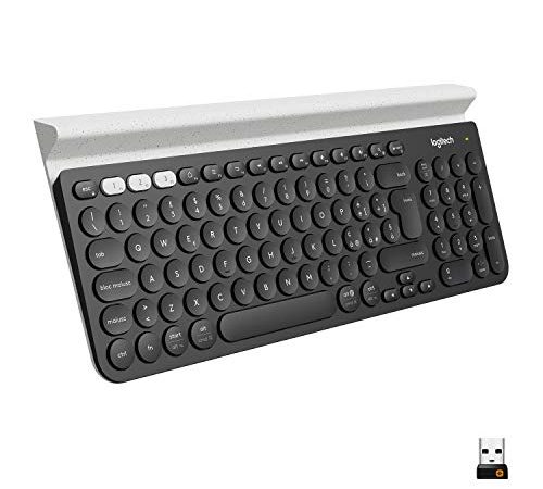 Logitech K780 Tastiera Wireless ‎‎2.4 GHz e Bluetooth Multidispositivo per Windows, Apple, Android o Chrome, PC/Mac/Laptop/Smartphone/Tablet, Layout Italiano QWERTY, Grigio Scuro/Bianco/Puntinato