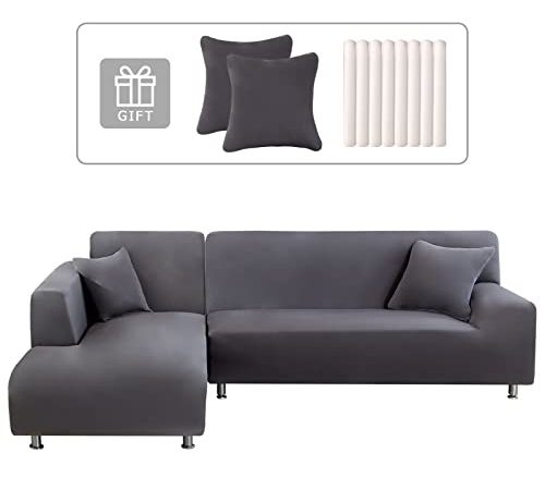 Lydevo Copridivano con Penisola Elasticizzato,Copridivano Angolare a Sinistra/Destra Universale con 2 Federi,Fodere Divano Penisola Forma di L,Chaise Longue Sofa Cover(2 Posti+3 Posti,Grigio)