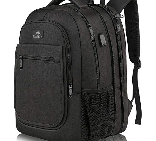 MATEIN Zaino Uomo, Grande Espandibile Zaino Porta PC 15,6 Pollici con Caricatore USB, Antifurto Zaino da Viaggio Portatile per Laptop Computer Notebook, Impermeabile Lavoro Scuola Zaini, Nero
