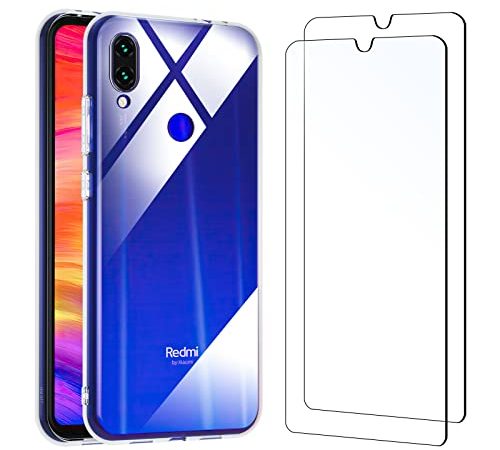 NEW'C Cover per Xiaomi Redmi Note 7 Gel TPU in silicone custodia ultra trasparente e 2 × vetro temperato per Xiaomi Redmi Note 7, Pellicola proteggi schermo