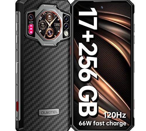 OUKITEL Rugged Smartphone 2023 WP21, 17GB +256GB (120Hz) Helio G99 Telefono Indistruttibile, 9800mAh (66W) 6,78" FHD+ Cellulare Impermeabili IP68, Android 12 64MP+20MP+20MP Night Vision NFC/OTG Nero