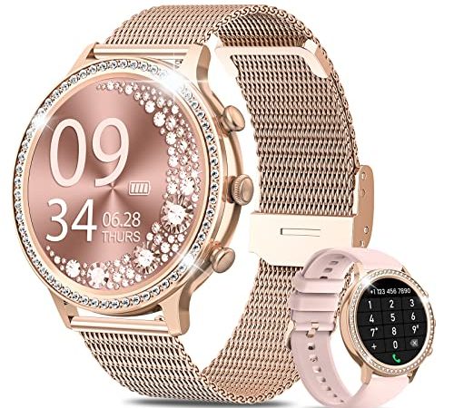 Smartwatch Donna Chiamate Bluetooth 5.1, AKUMAKA Diamond Love, 1.32'' Smart Watch Fisiologia Femminile Cardiofrequenzimetro SpO2, Notifiche/20 Allenamenti/Contapassi iOS Android Oro Rosa, Regalo Donna