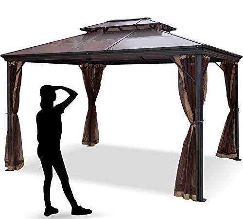 VEVOR Gazebo da Patio da 3 x 3,6 m, Gazebo con Zanzariere, con Telaio in Lega di Alluminio e Doppio Tetto in PVC, Gazebo Tettoia a Doppio Livello per Giardino, Cortile, Patio e Altri Spazi Esterni