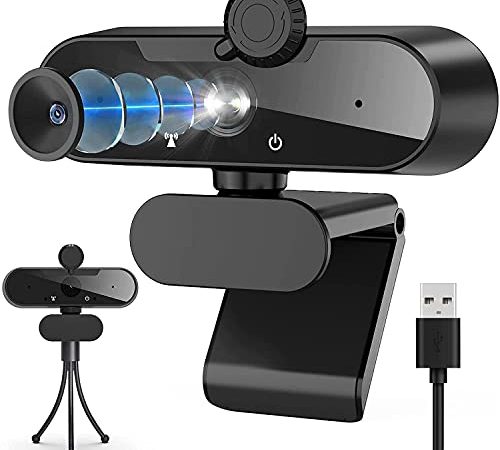Webcam PC, Full HD 1080p Webcam per PC con Microfono, Webcam con Privacy e Treppiede Videocamera USB, Plug and Play per Videochiamate, Conferenza, Skype, FaceTime, Compatibile con PC Windows Mac